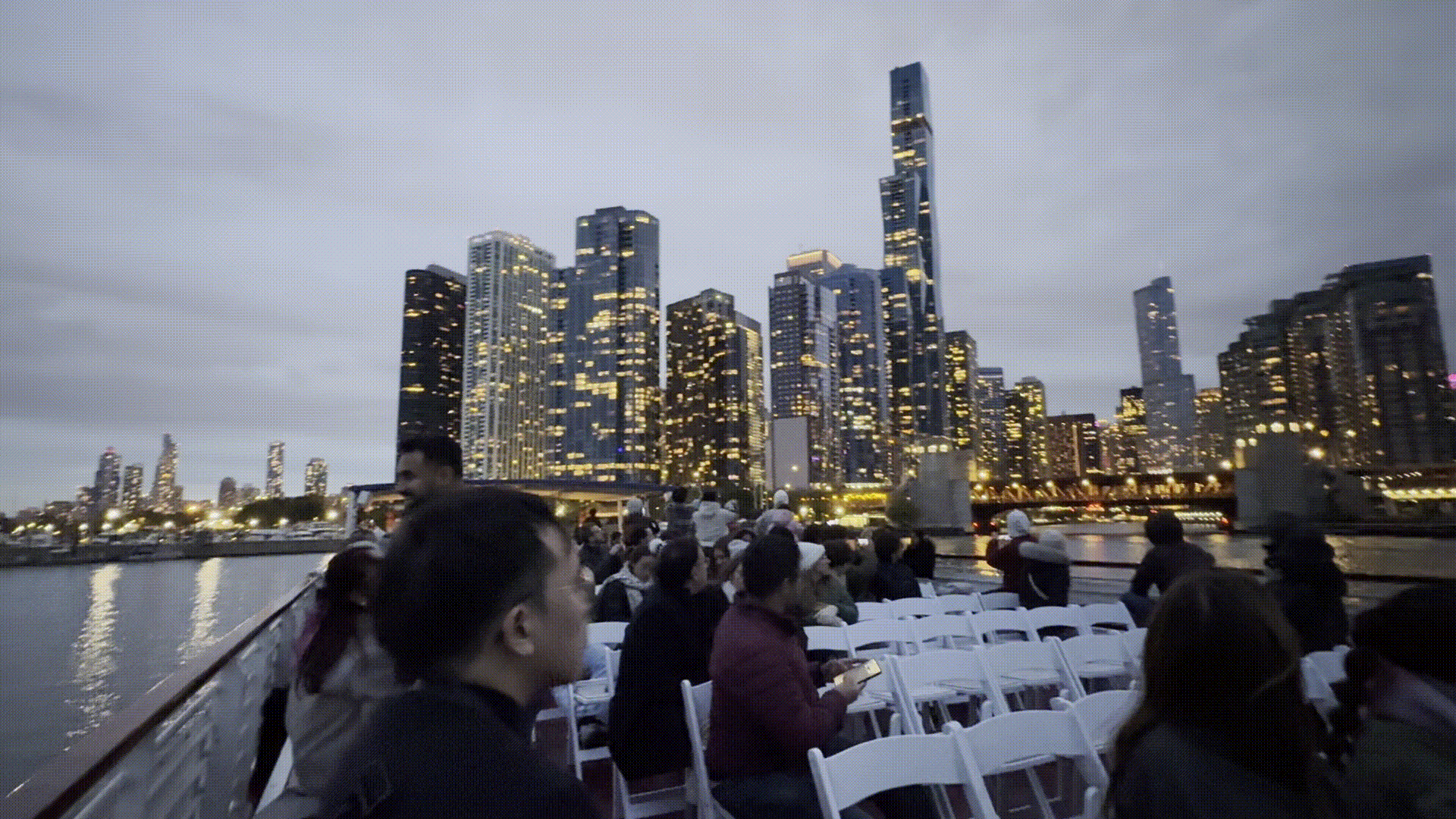 skyline of Chicago from the lake on a sightseeing tour boat