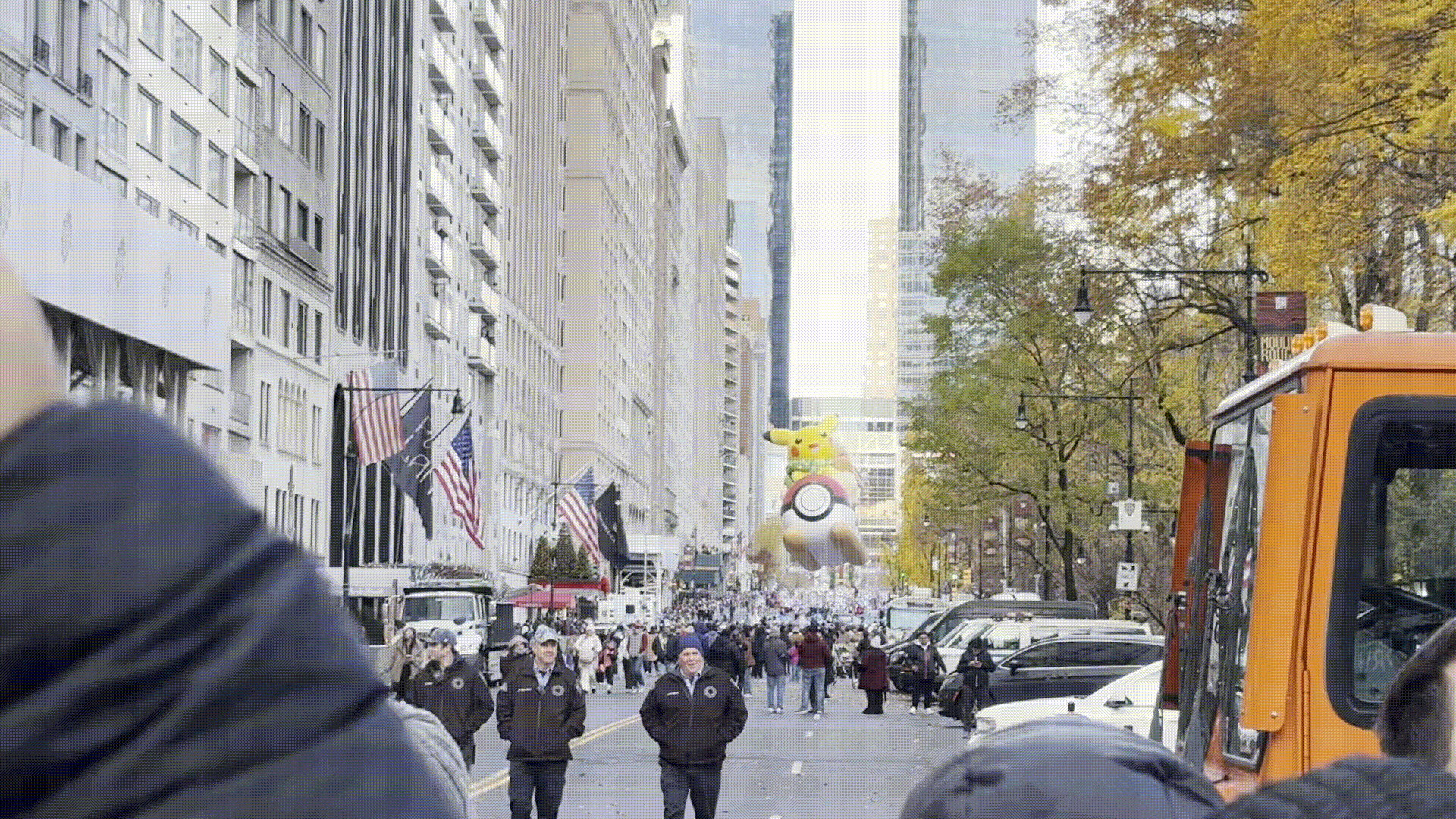 Pikachu ballooon float at the Macy’s Thanksgiving Day Parade, Eevee behind it